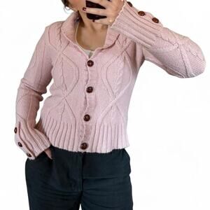 Light Pink Cowl Neck Cardigan with Brown Buttons Size Medium Y2K Wool Blend